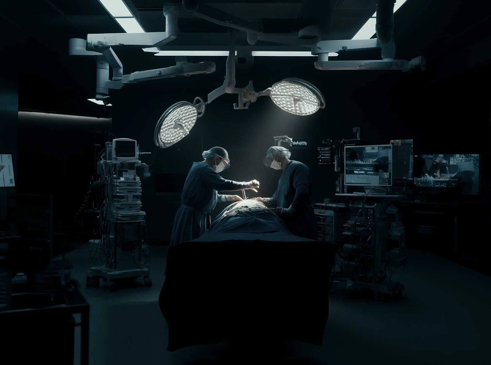 Surgeons operating under theatre lights
