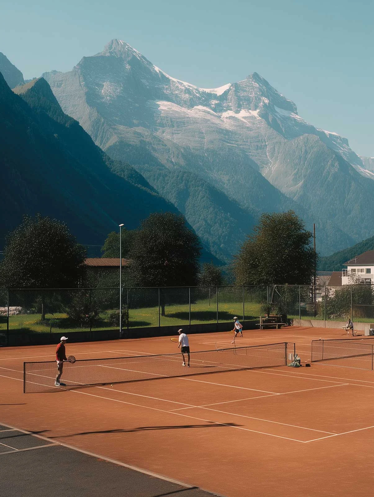 Tennis courts below Swiss mountains